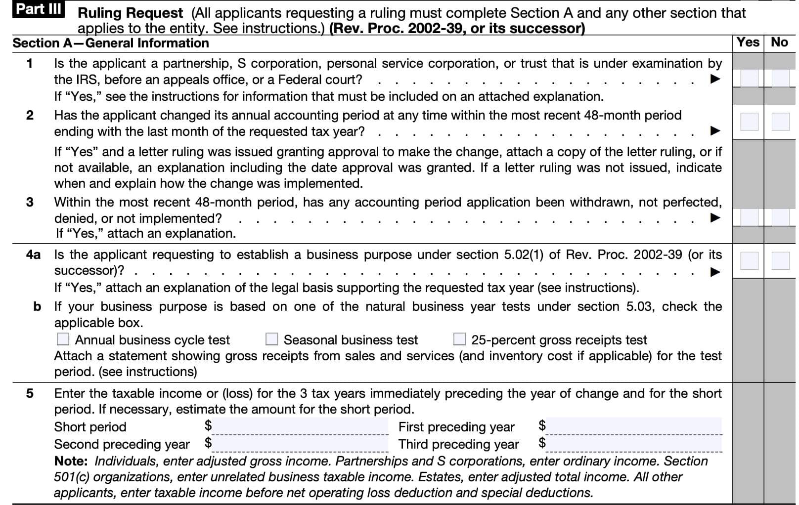 irs form 1128, part iii, section a, general information (top)