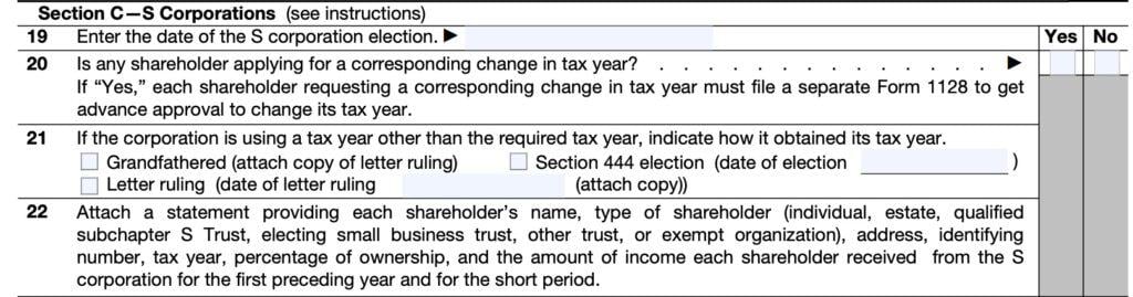 irs form 1128, part iii, section c, s corporations