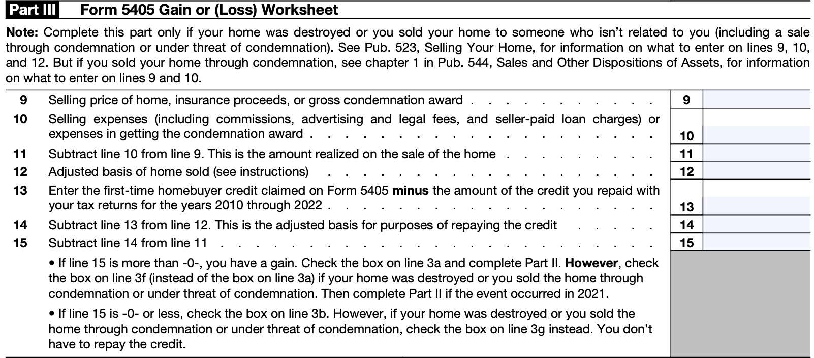 irs form 5405 part iii: gain or loss worksheet