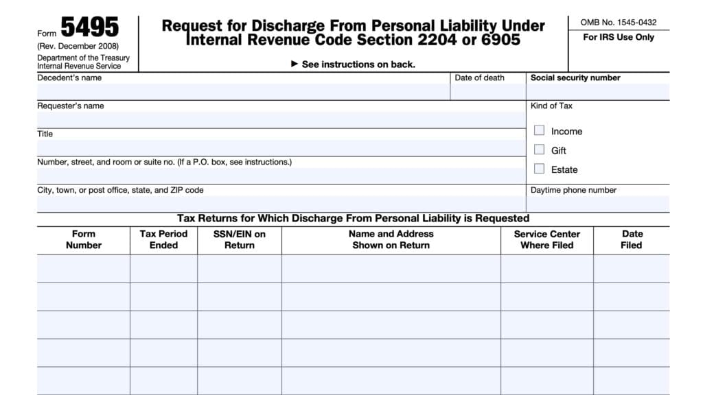 irs form 5495, request for discharge from personal liability under internal revenue code section 2204 or 6905