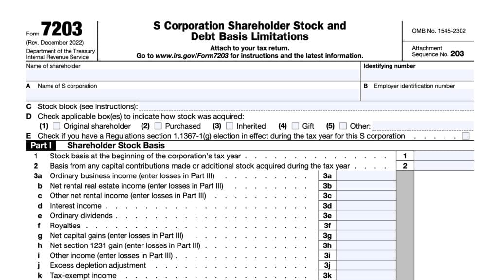 irs form 7203, s-corporation shareholder stock and debt basis limitations