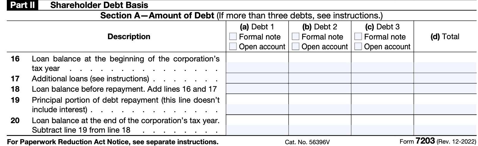 irs form 7203 part II, shareholder debt basis, section A-amount of debt