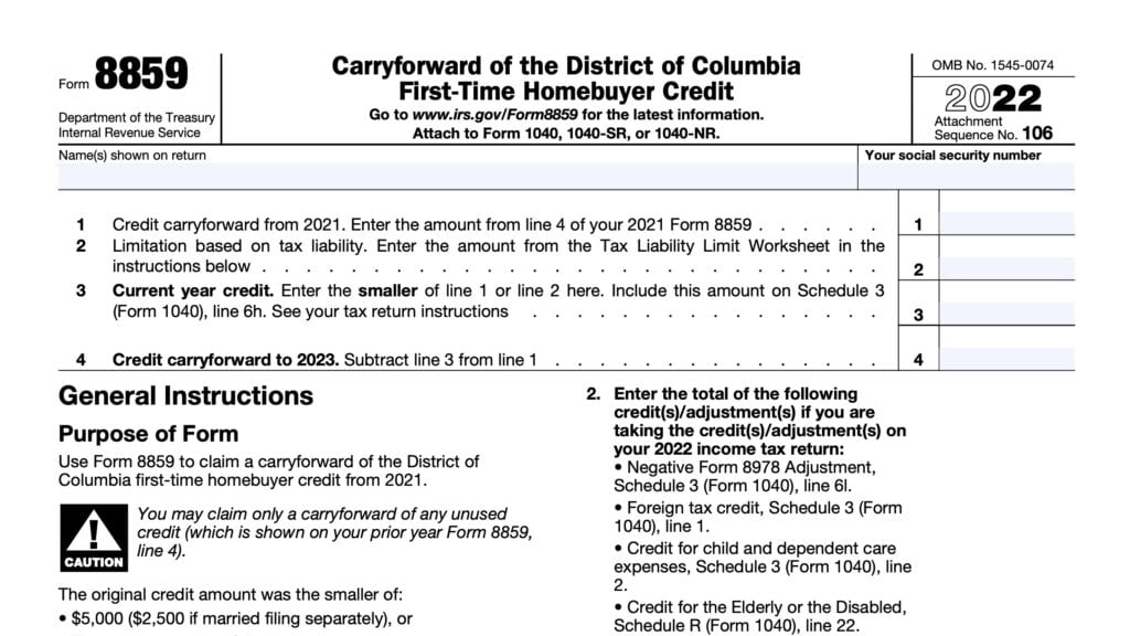 irs form 8859, carryforward of the district of columbia first-time homebuyer credit