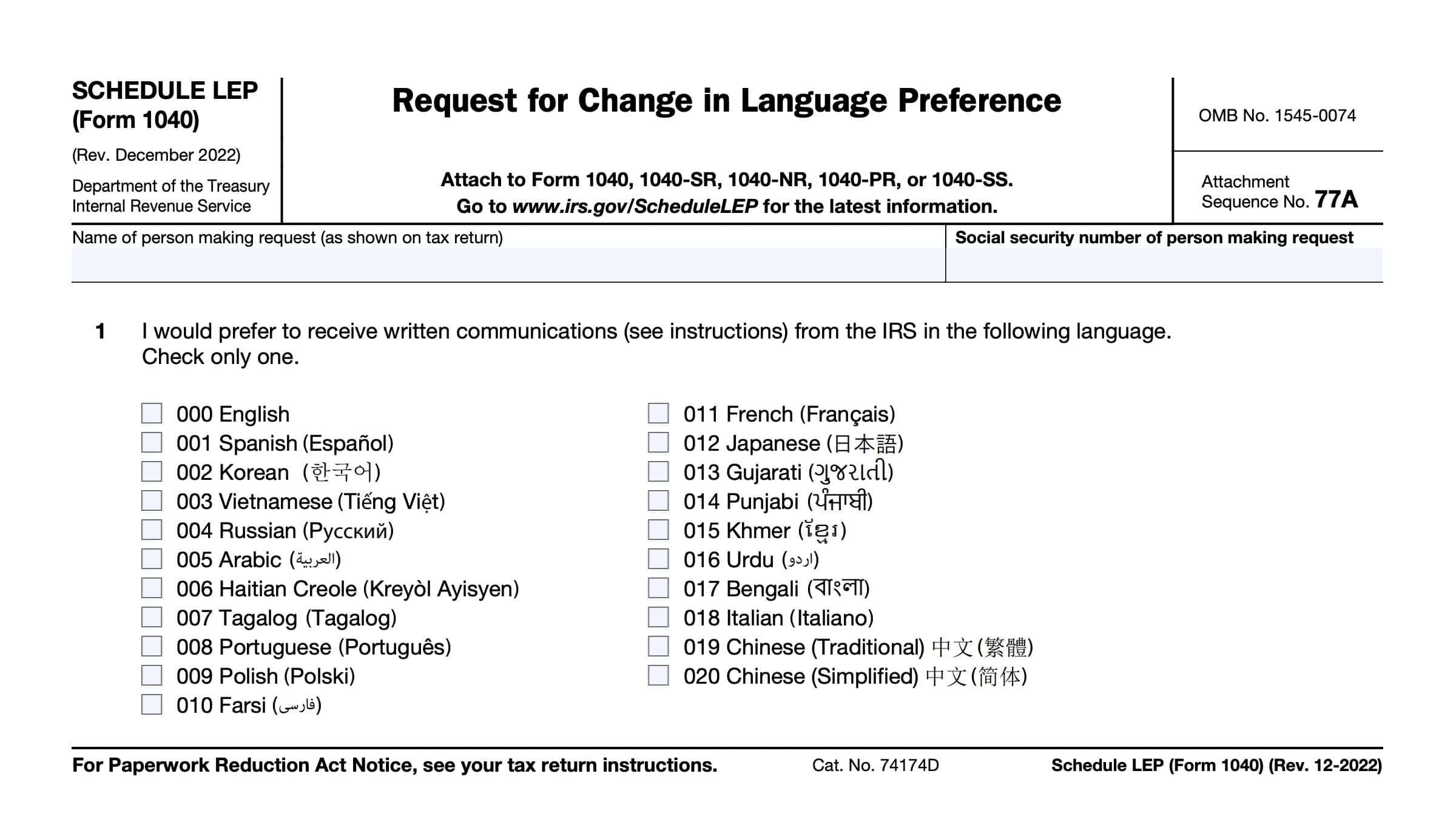 irs schedule lep, request for change in lanugage preference