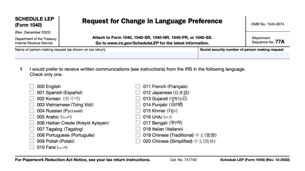 irs schedule lep, request for change in language preference