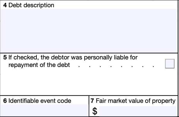 irs form 1099-c, boxes 4 through 7