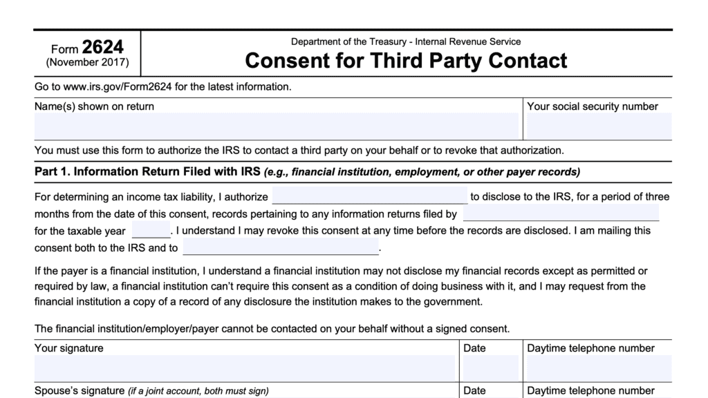 irs form 2624, consent for third party contact