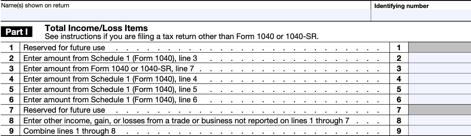 part i: total income/loss items