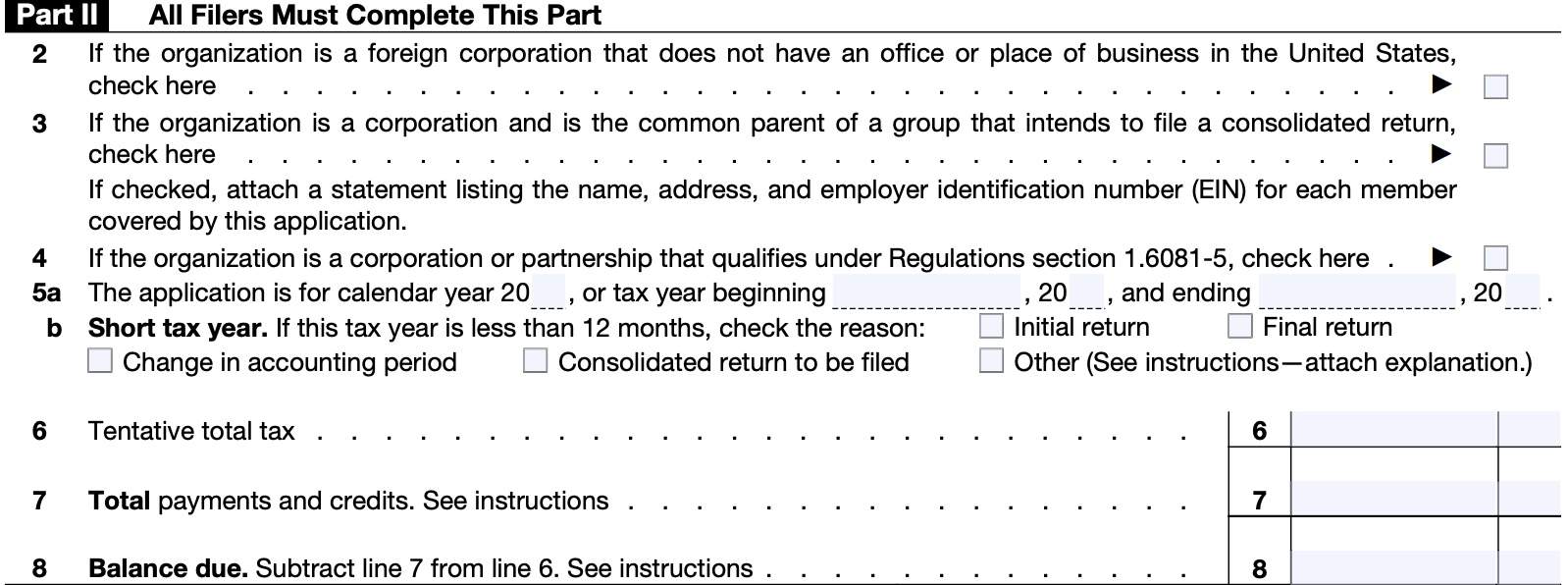 irs form 7004, part ii