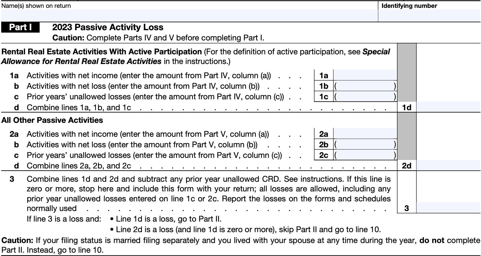 IRS Form 8582, part I: Passive activity loss