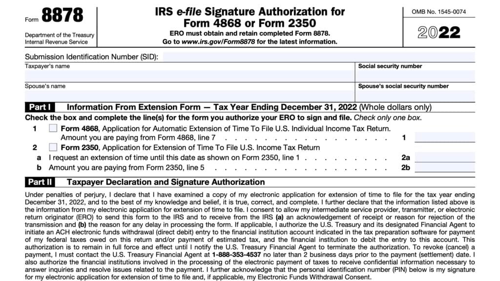 irs form 8878, IRS e-file signature authorization for Form 4868 or Form 2350
