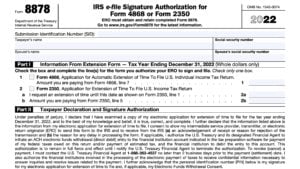 irs form 8878, IRS e-file signature authorization for Form 4868 or Form 2350