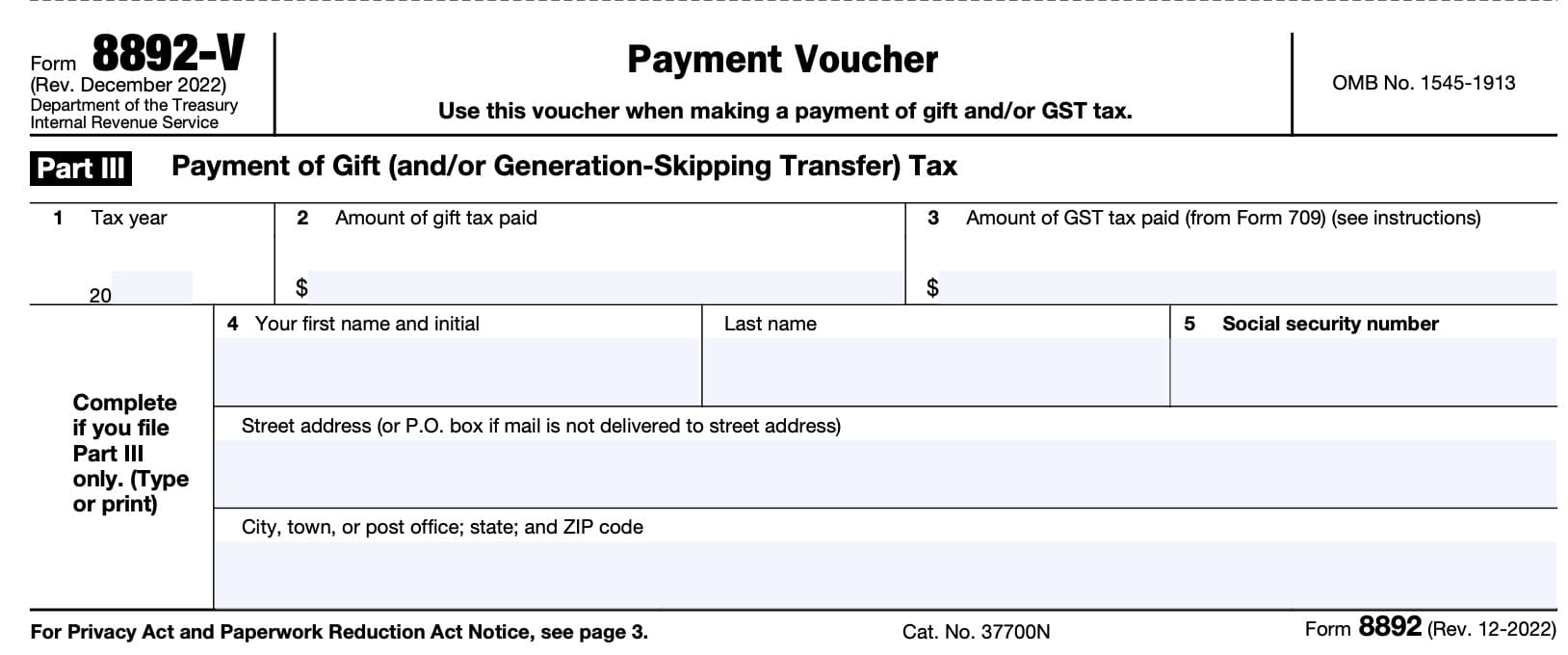 irs form 8892, Part III, Payment of Gift or GST Tax. Also known as irs form 8892-V, payment voucher