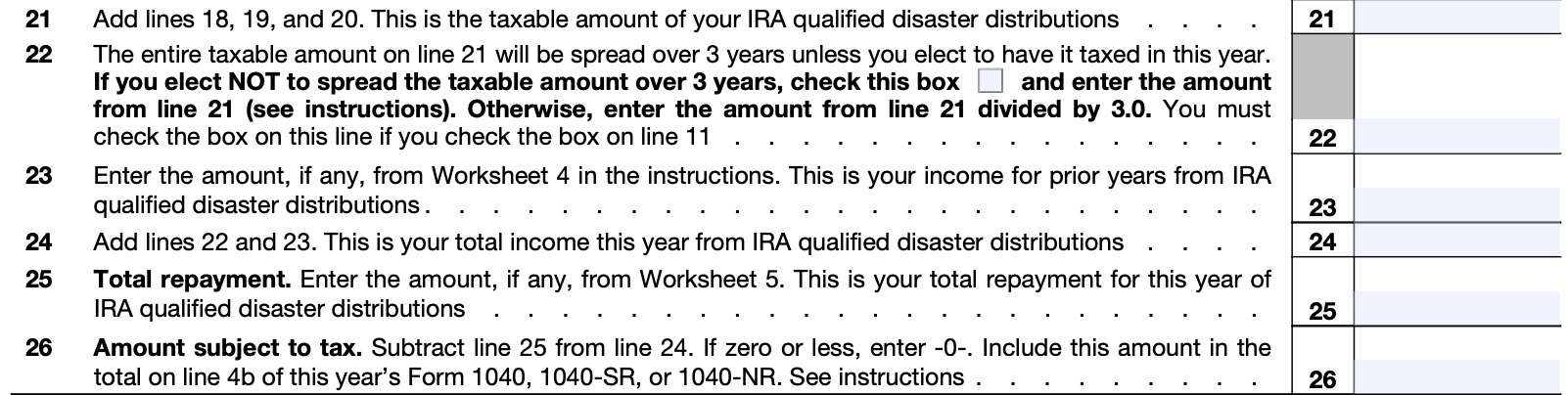 irs form 8915-f, lines 21 through 26