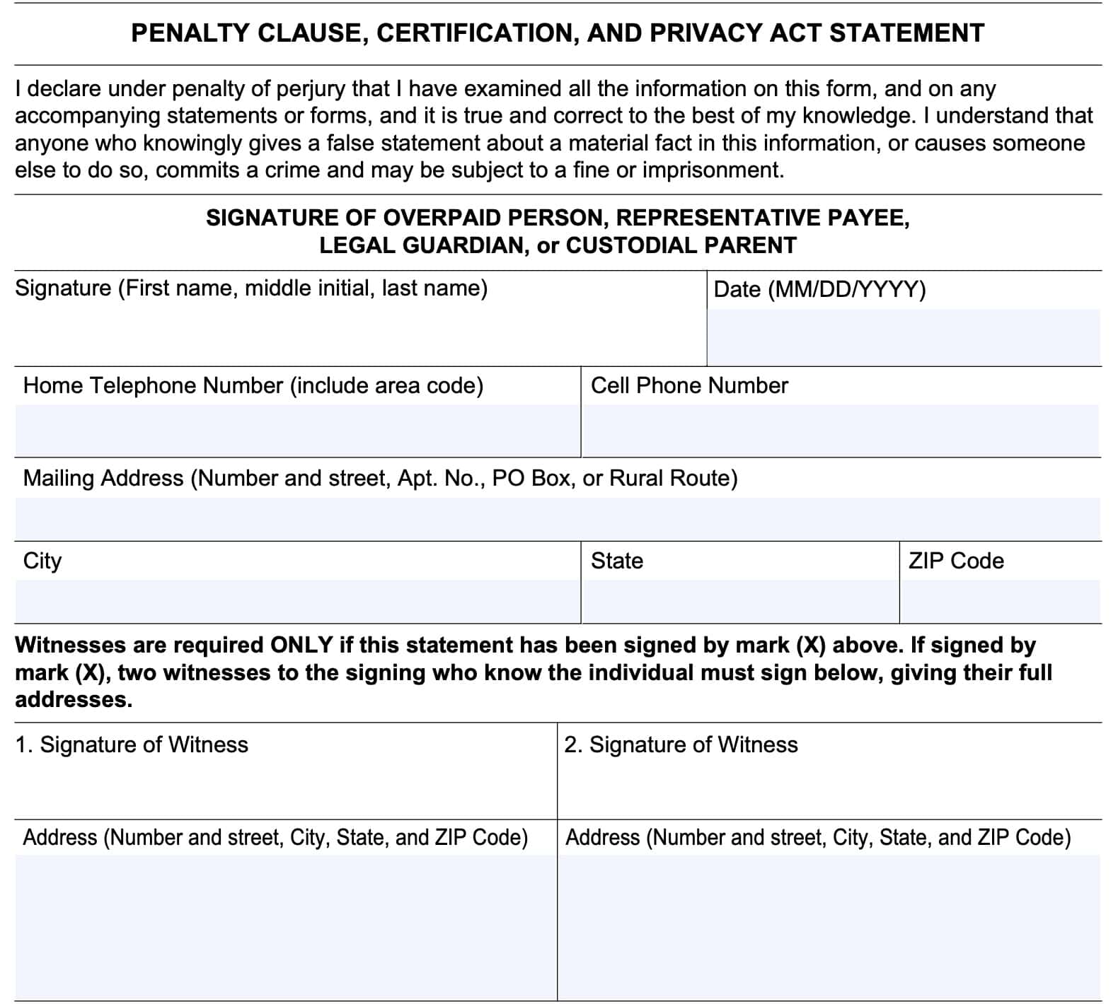 penalty clause, certification, privacy act, and signature