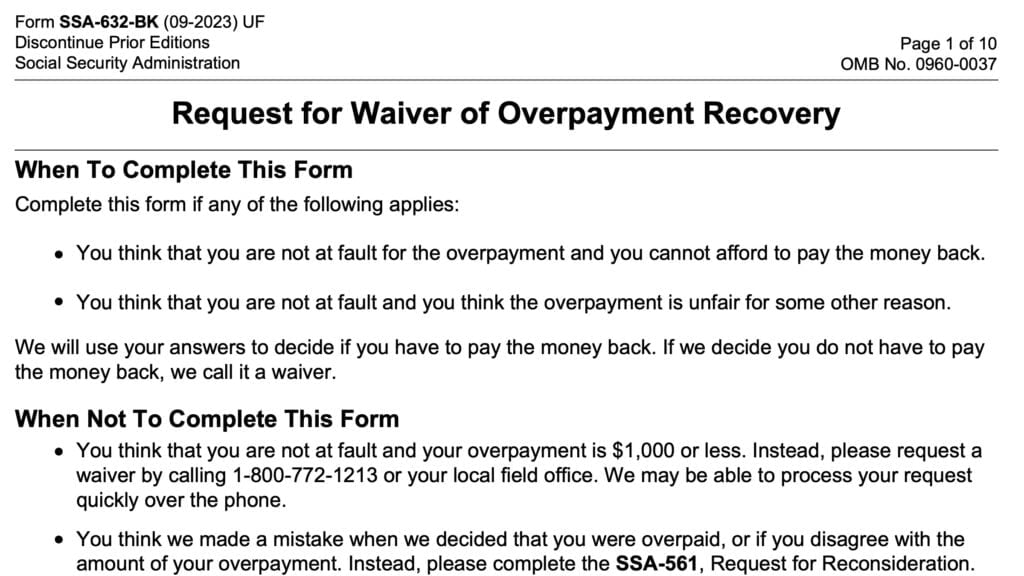 form ssa 632-bk, request for waiver of overpayment recovery
