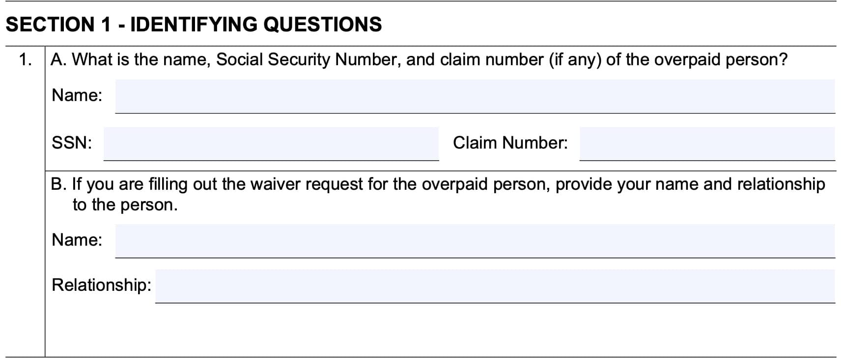 form ssa 634-bk, section 1 - identifying questions