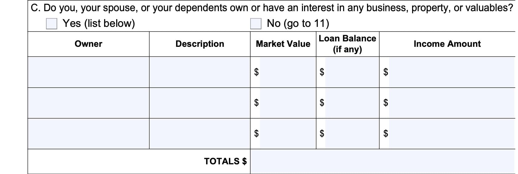 Question 10c: Do you, your spouse, or dependents have an interest in any business, property, or valuables?