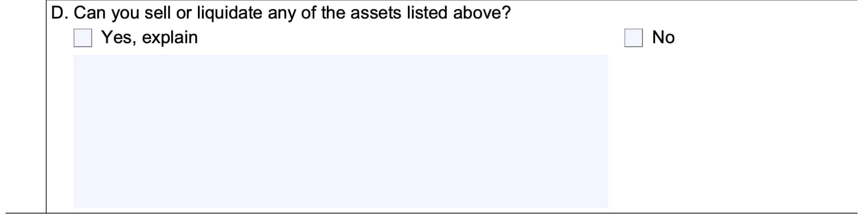 Question 10D: Can you sell or liquidate any of the assets above?