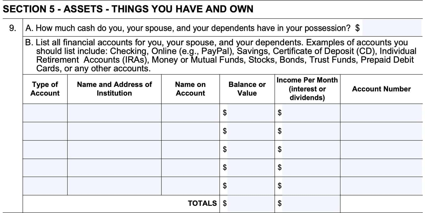 form ssa 632-bk, Section 5: Assets - things you have and own