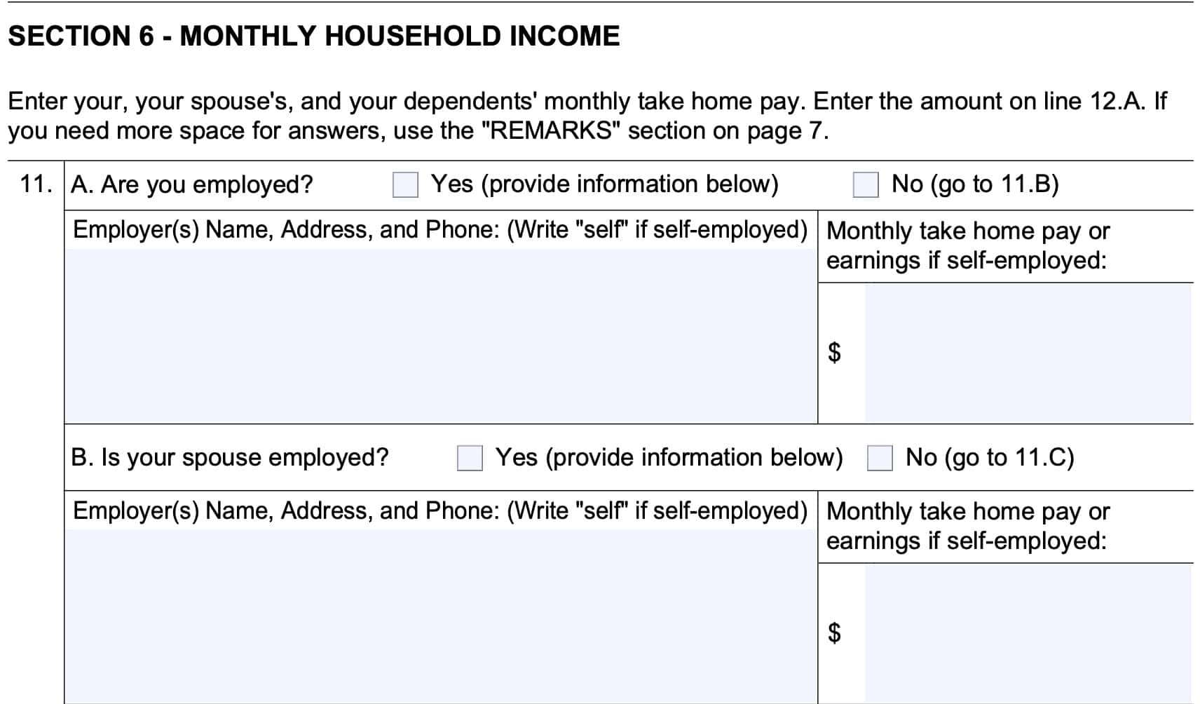 form ssa 632-bk, section 6: monthly household income, question 11A and 11b