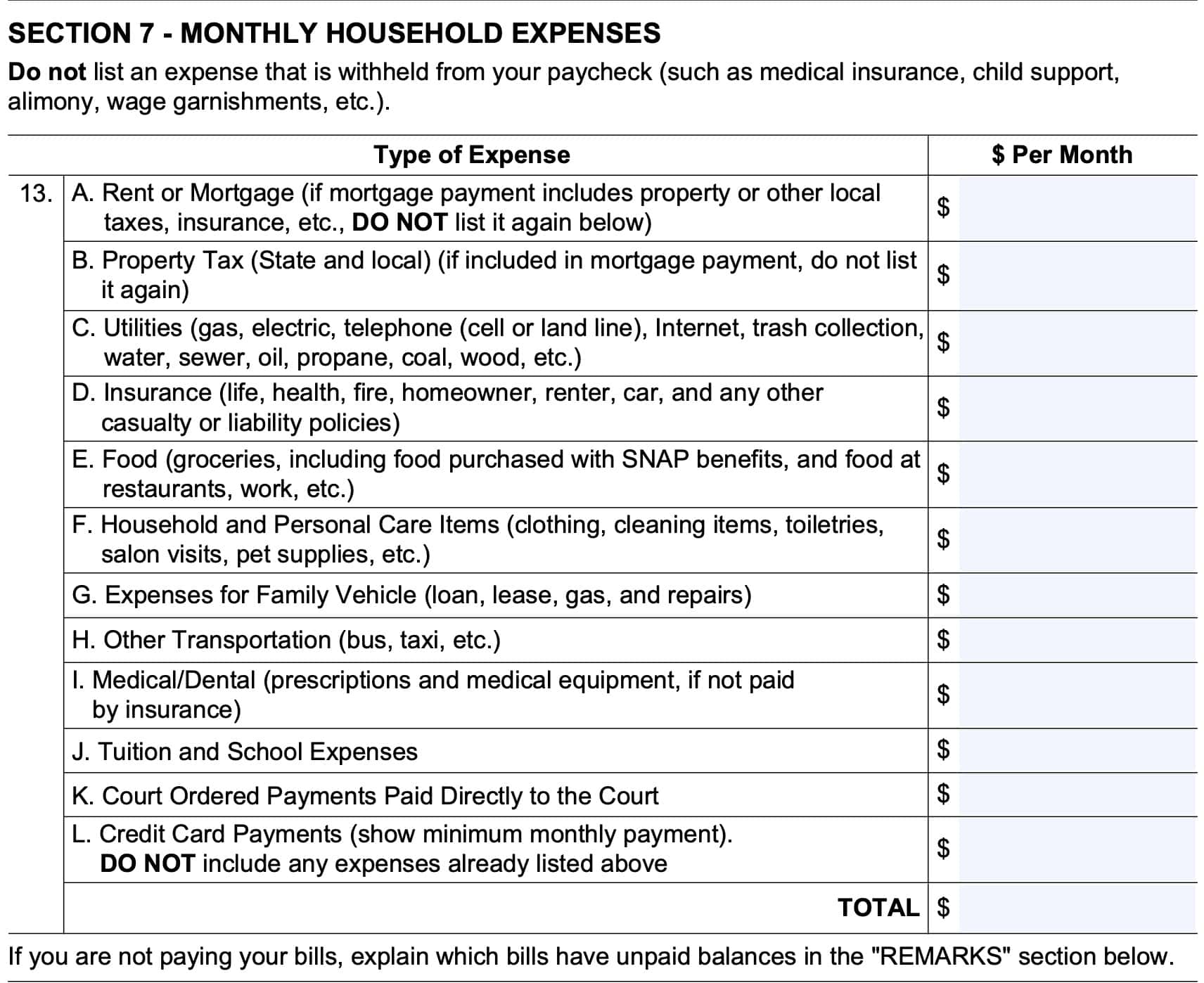 Section 7, monthly household expenses