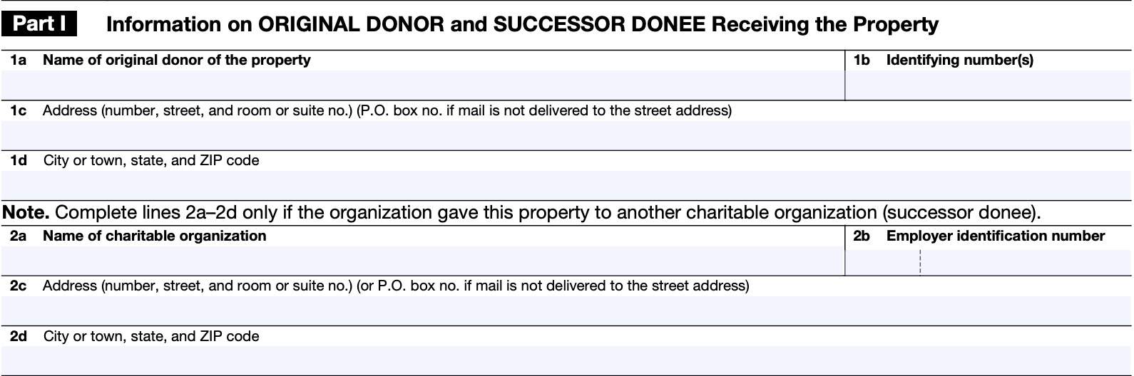 IRS Form 8282, Part I: information on original donor and successor donee receiving the property