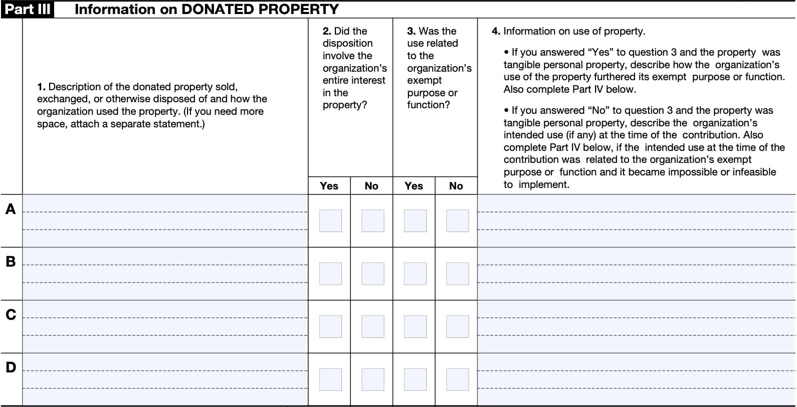 irs form 8282, part III: information on donated property