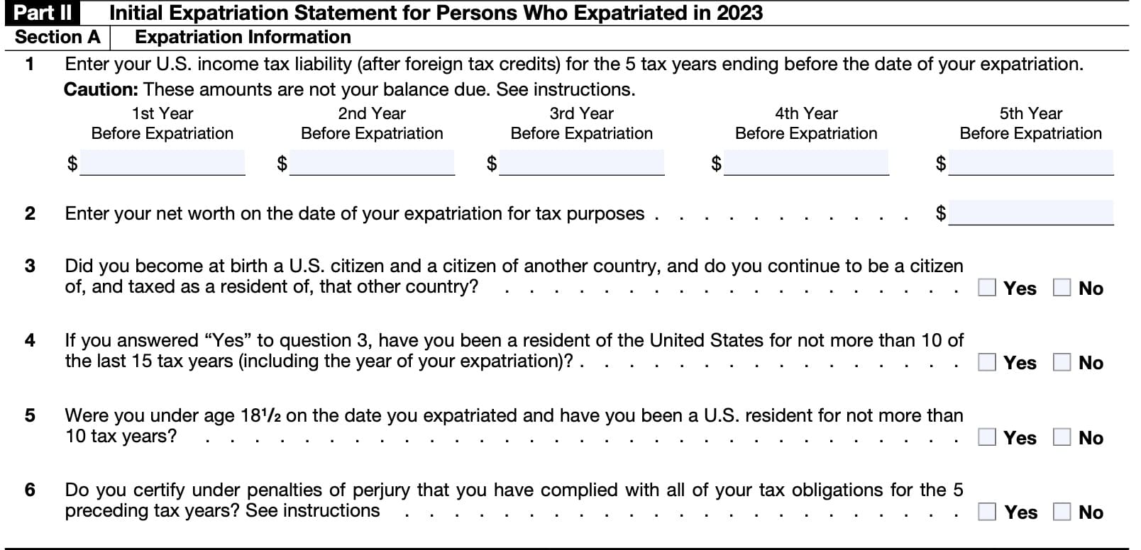 irs form 8854, part II, Section A: Expatriation information