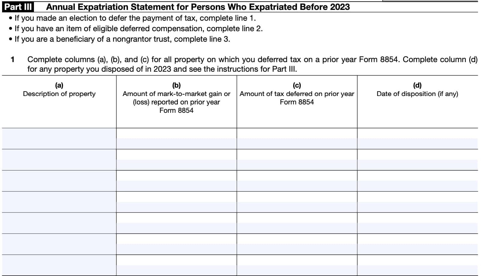 irs form 8854, part iii: annual expatriation statement for persons who expatriated before 2023