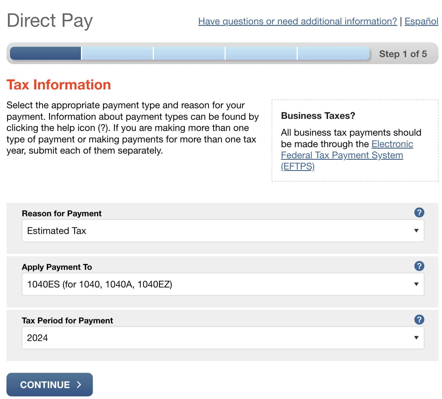 direct pay screen, where you can make your payment to irs form 1040-es