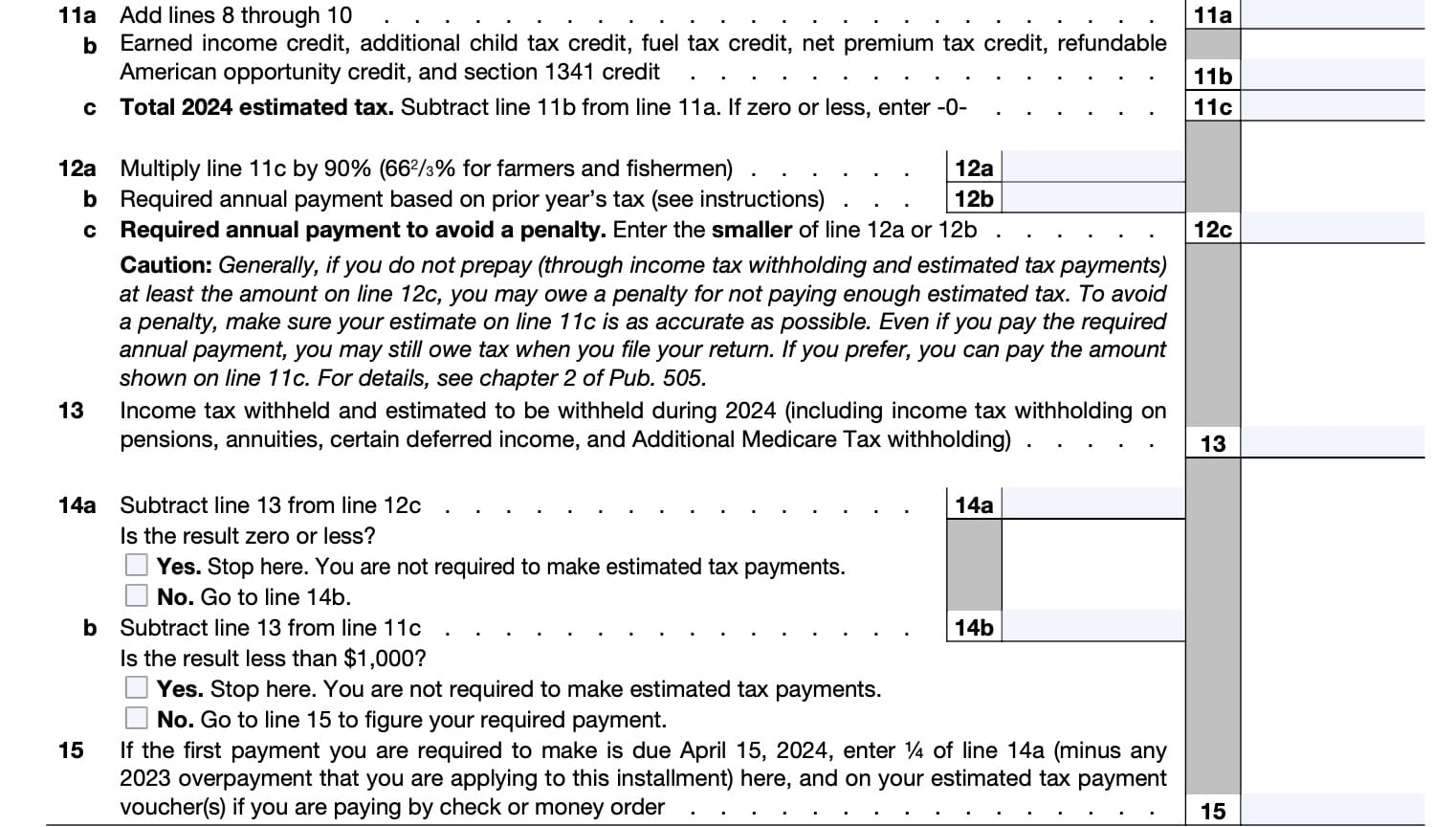 estimated tax worksheet, lines 11a through 15