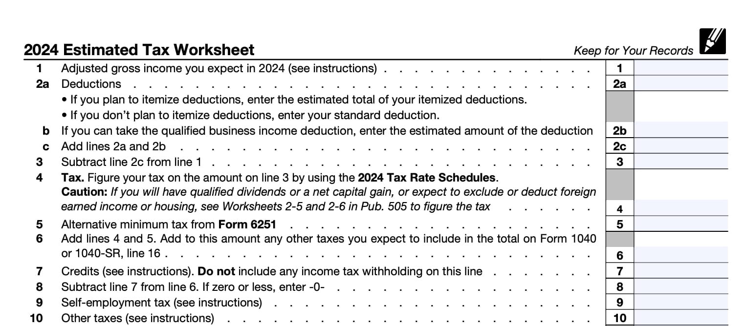 2024 estimated tax worksheet, lines 1 through 10