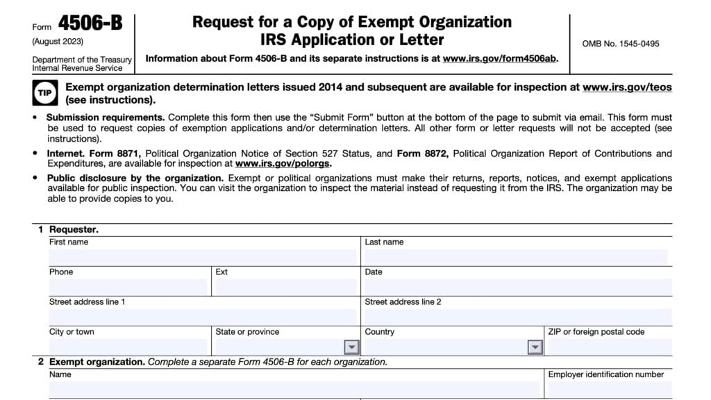 irs form 4506-b, Request for a Copy of Exempt Organization IRS Application or Letter