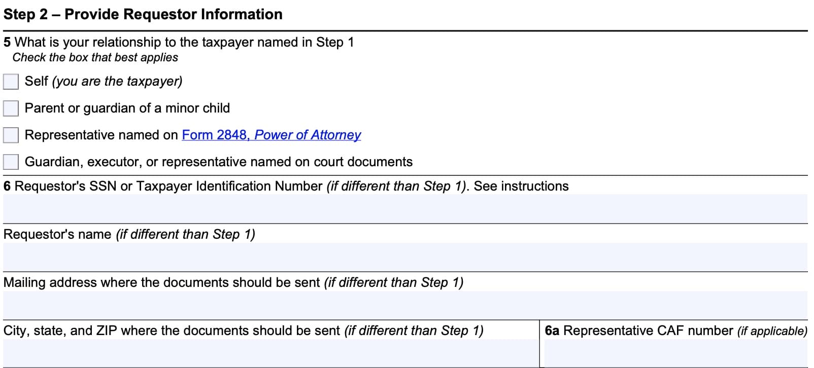 irs form 4506-f, step 2: provide requestor information