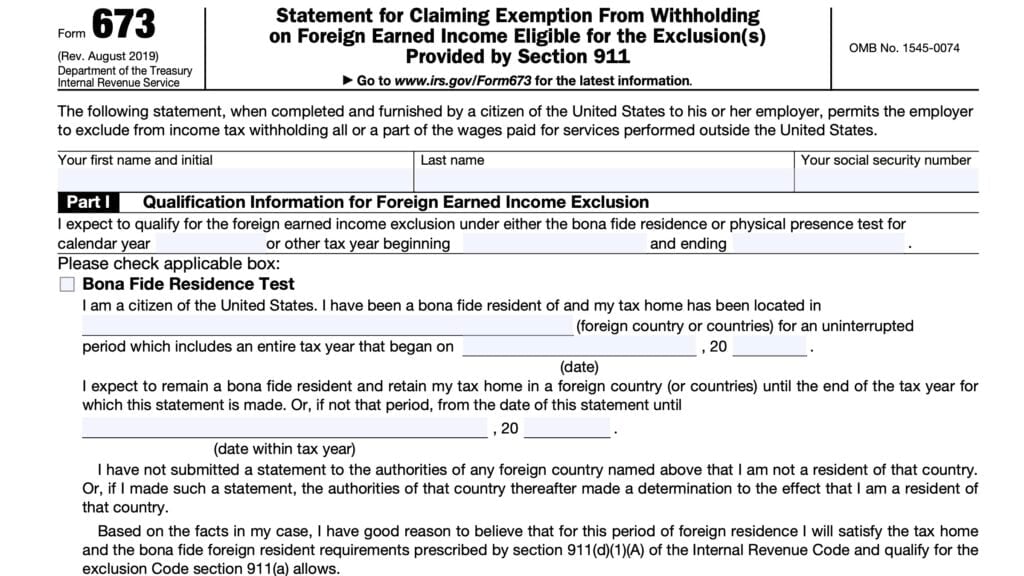 irs form 673, statement for claiming exemption from withholding on foreign earned income eligible for the exclusion provided by section 911.