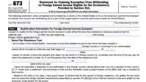 irs form 673, statement for claiming exemption from withholding on foreign earned income eligible for the exclusion provided by section 911.