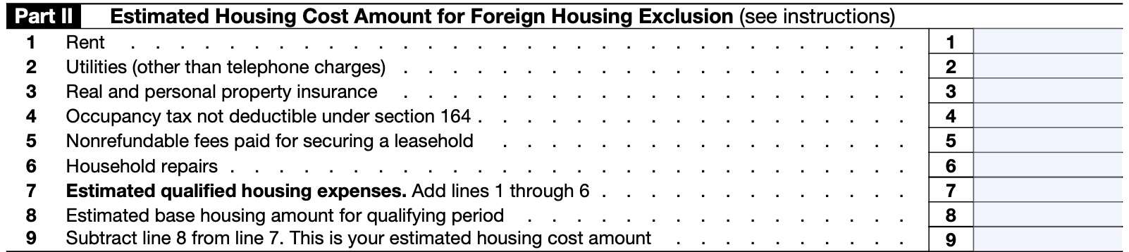 part ii: estimated housing cost amount for foreign housing exclusion