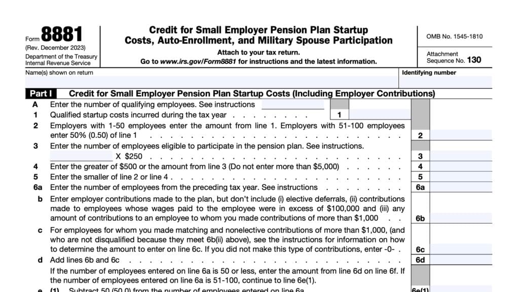 irs form 8881, credit for small employer pension plan startup costs, auto-enrollment, and military spouse participation