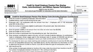 irs form 8881, credit for small employer pension plan startup costs, auto-enrollment, and military spouse participation