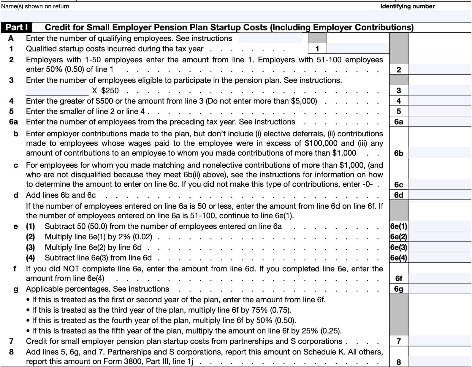 irs form 8881, part I: credit for small employer pension plan startup costs (including employer contributions)