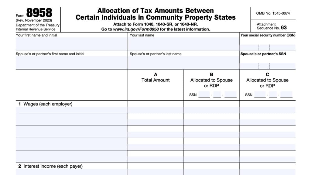 irs form 8958, allocation of tax amounts between certain individuals in community property states