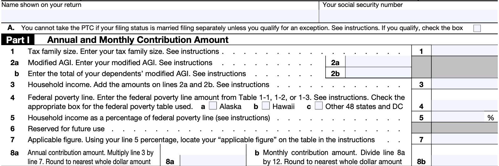 irs form 8962 part i: annual and monthly contribution amount