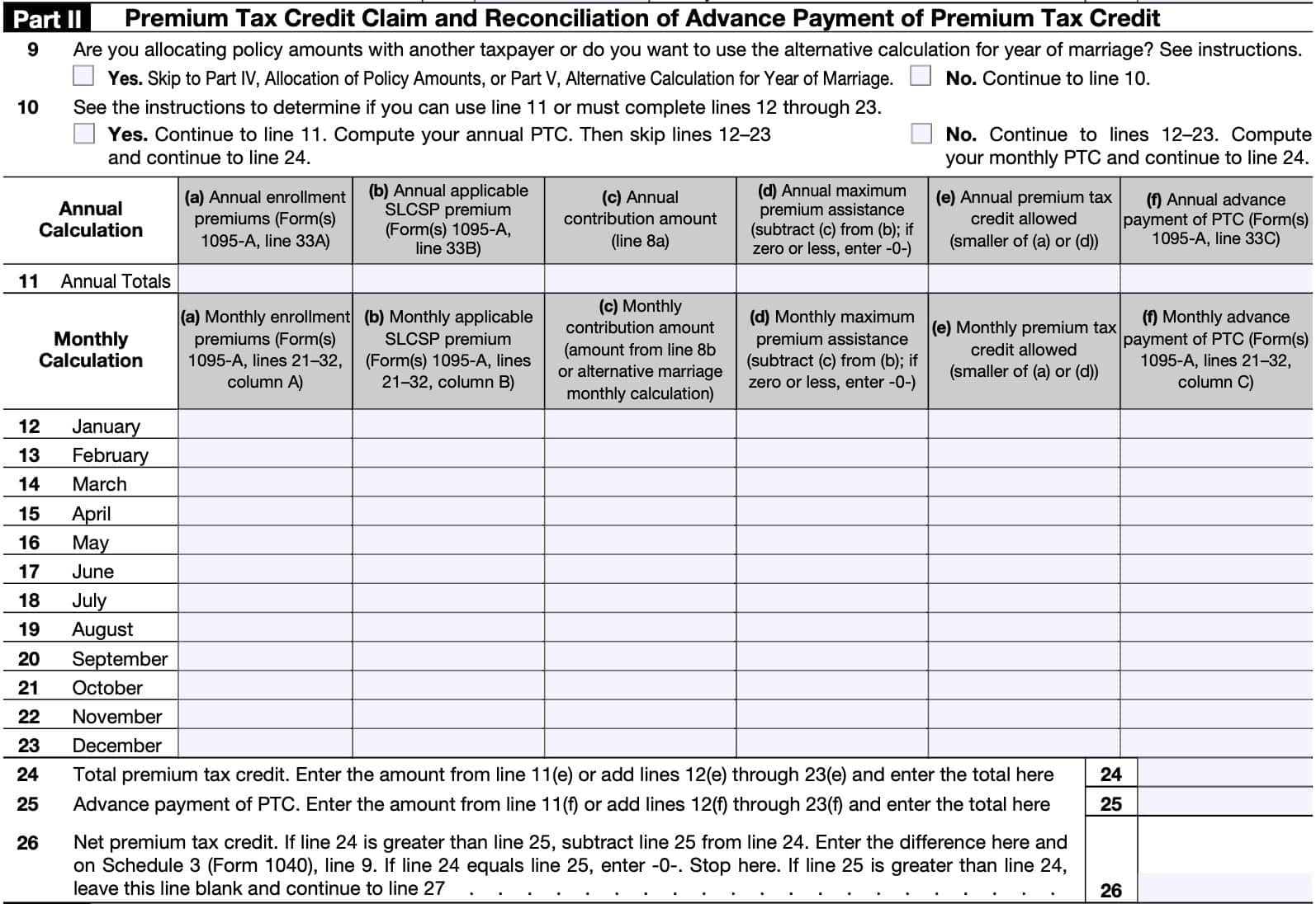 part ii: premium tax credit claim and reconciliation of advance payment of premium tax credit