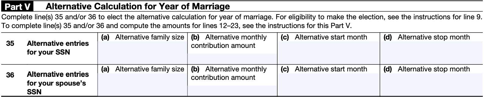 irs form 8962, part v: alternative calculation for year of marriage