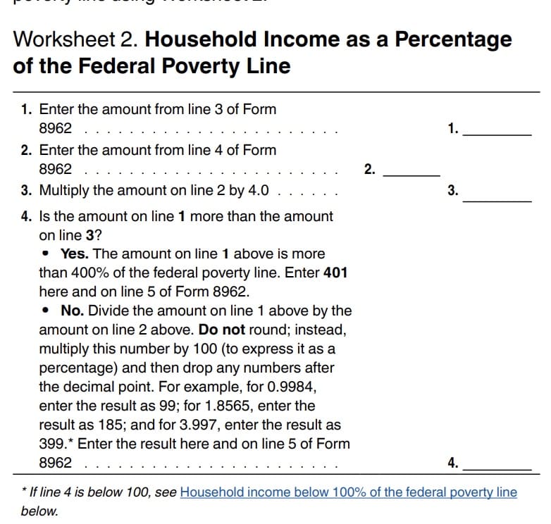 irs form 8962, worksheet 2: household income as a percentage of the federal poverty line.