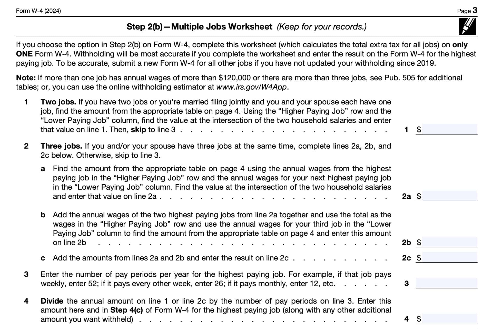 irs form w-4, step 2(b) multiple jobs worksheet