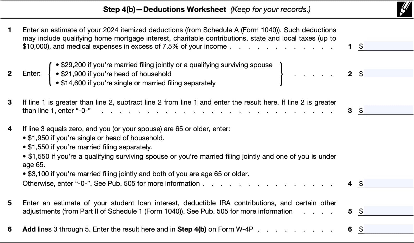Step 4(b): Deductions worksheet