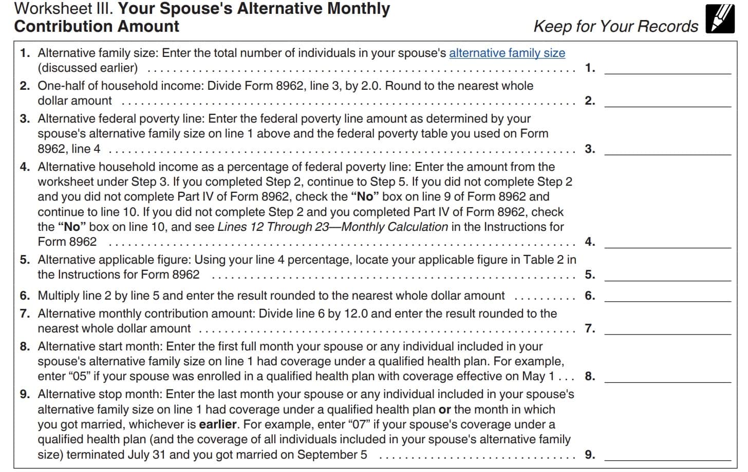 irs publication 974, worksheet III: spouse's alternative monthly contribution amount