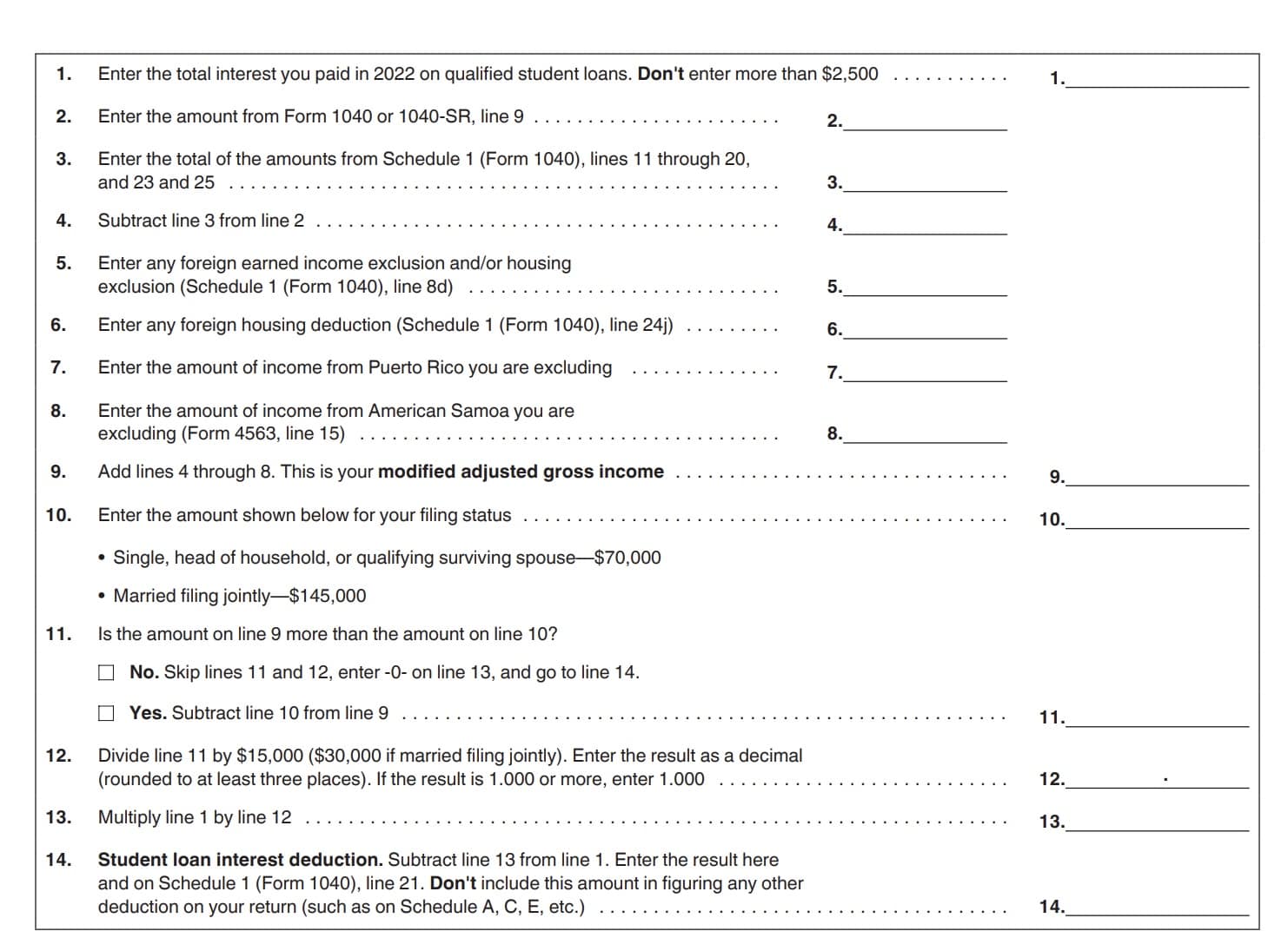 student loan interest deduction worksheet, publication 970